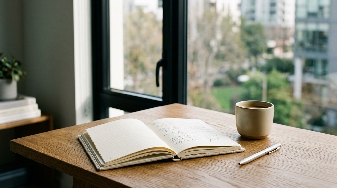 AI-generated editorial image: A minimalist desk with an open notebook, pen, and ceramic coffee cup beside a bright window