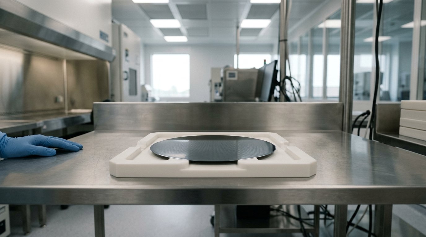 AI-generated editorial image: An unbranded silicon semiconductor wafer resting inside an ultra-clean manufacturing inspection tray in an industrial facility.