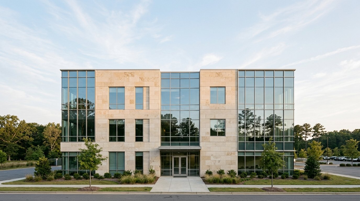 AI-generated editorial image: Modern architectural glass and limestone facade of a commercial corporate headquarters under morning daylight