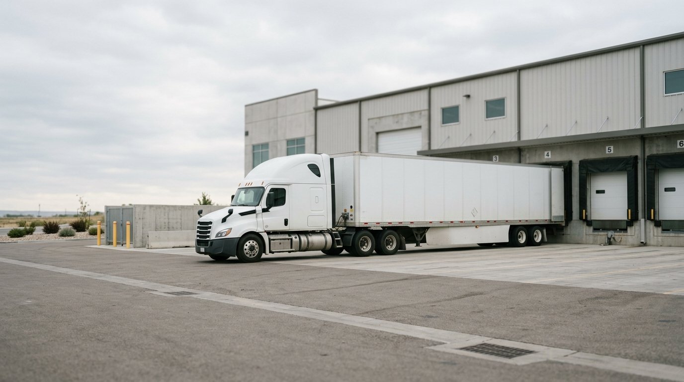 AI-generated editorial image: Modern commercial semi-truck at an industrial logistics depot loading dock under soft morning daylight