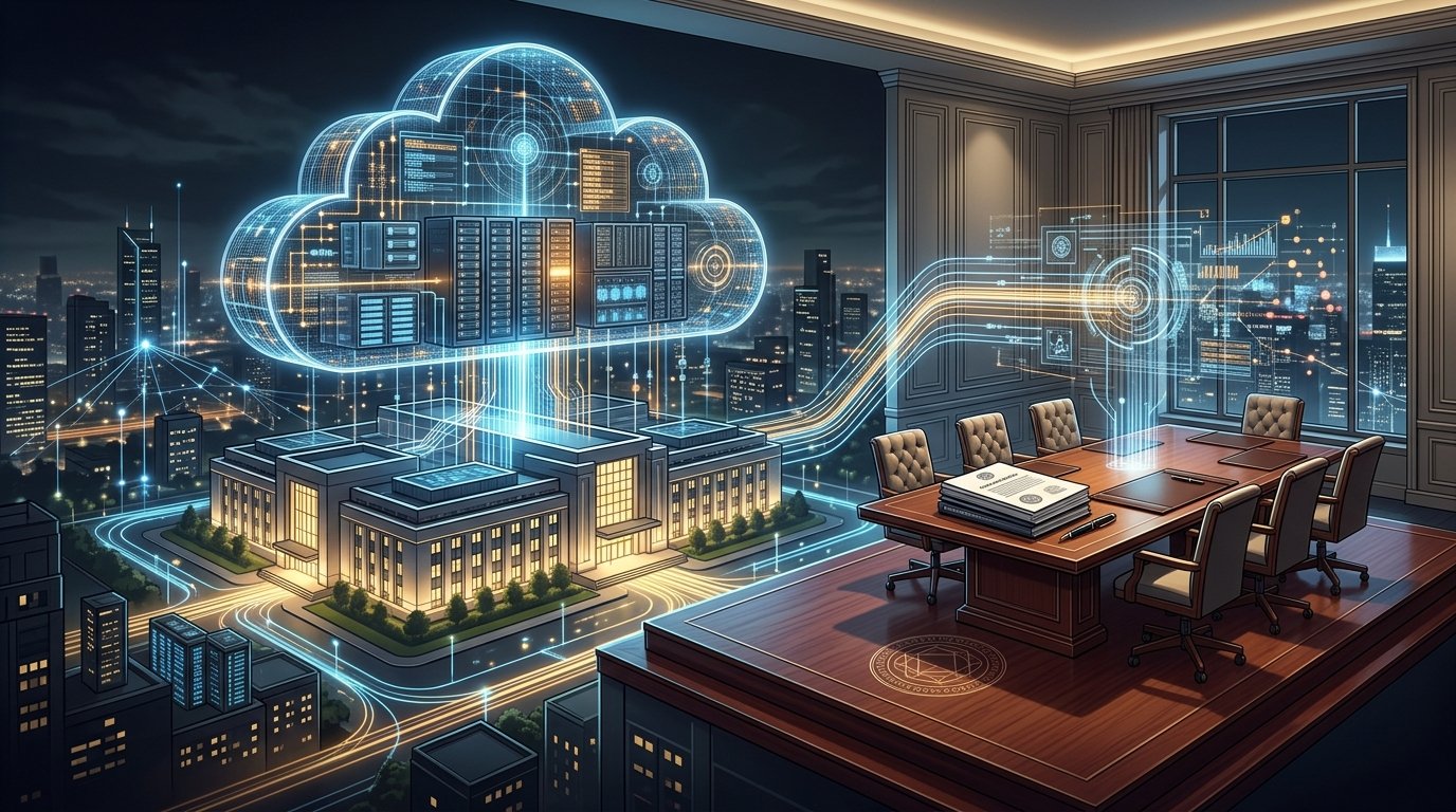 Editorial illustration: Executive boardroom table beside illuminated cloud data center infrastructure campus