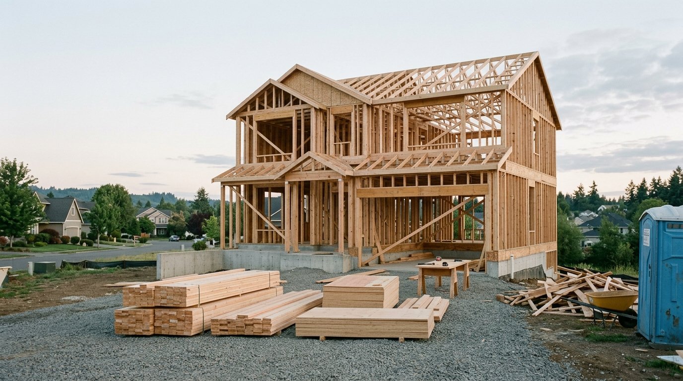 AI-generated editorial image: Newly framed residential home under construction at dawn with stacks of timber lumber