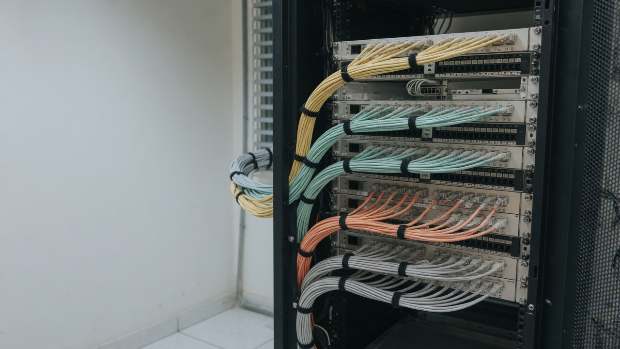 AI-generated editorial image: An optical fiber network terminal server rack with muted indicator lights under natural soft architectural lighting.