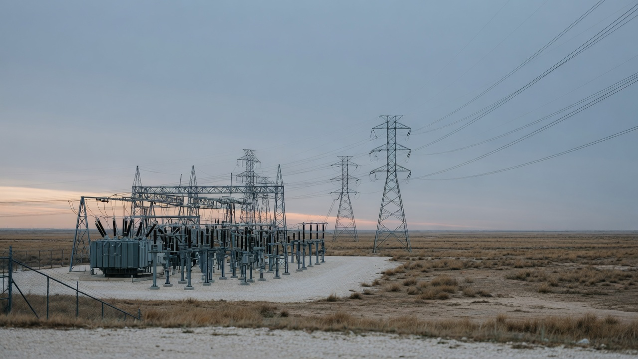 AI-generated editorial image: Texas electric transmission substation and energy infrastructure during dawn