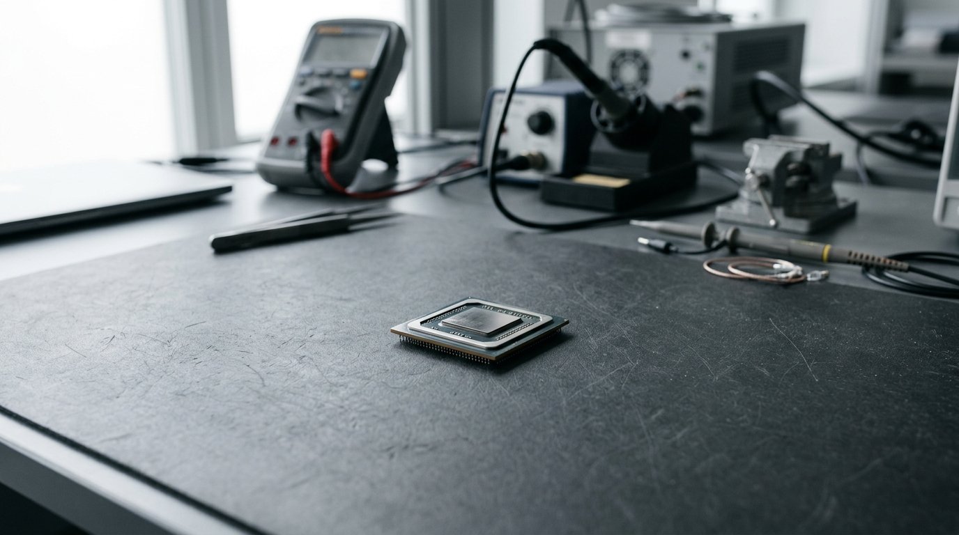AI-generated editorial image: A high-density semiconductor silicon package on an anti-static engineering workbench.