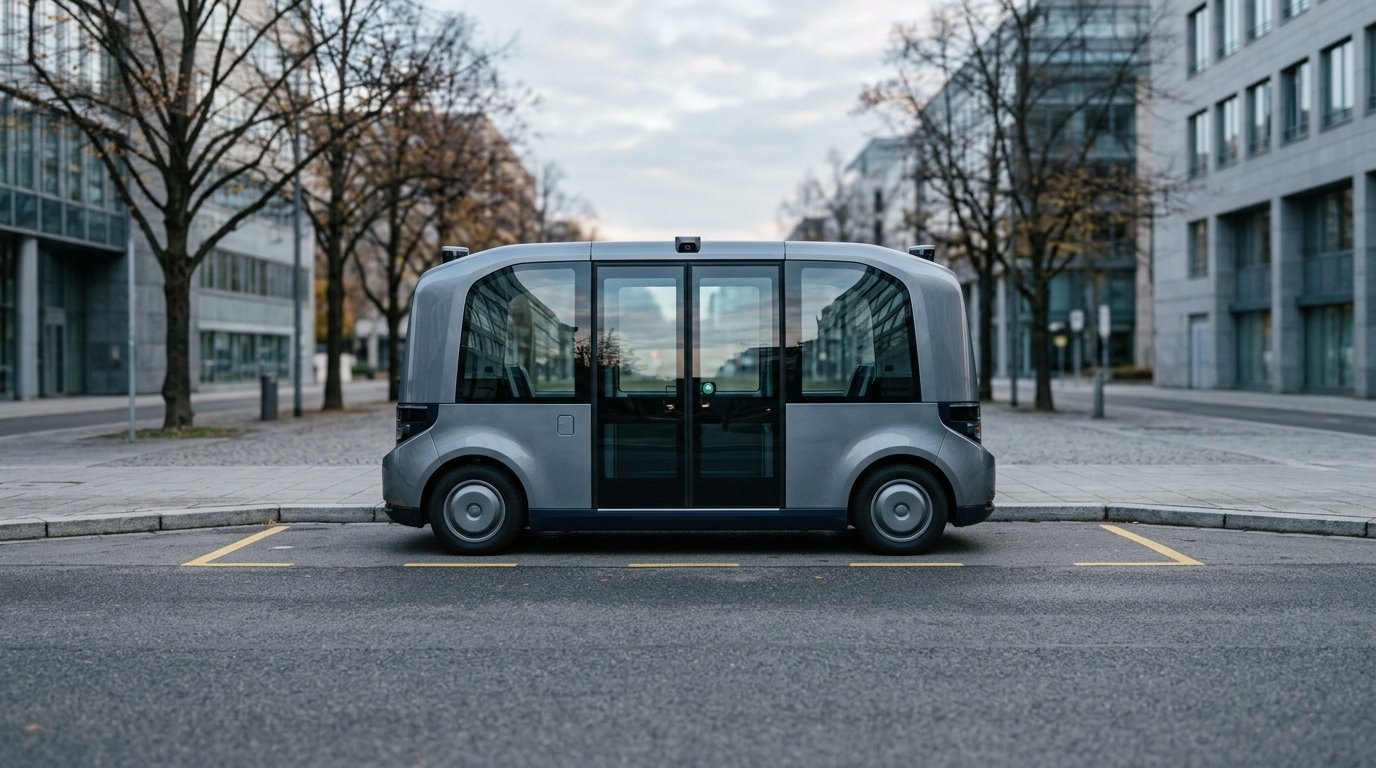 AI-generated editorial image: Electric autonomous shuttle van parked at an urban transit curbside at dawn