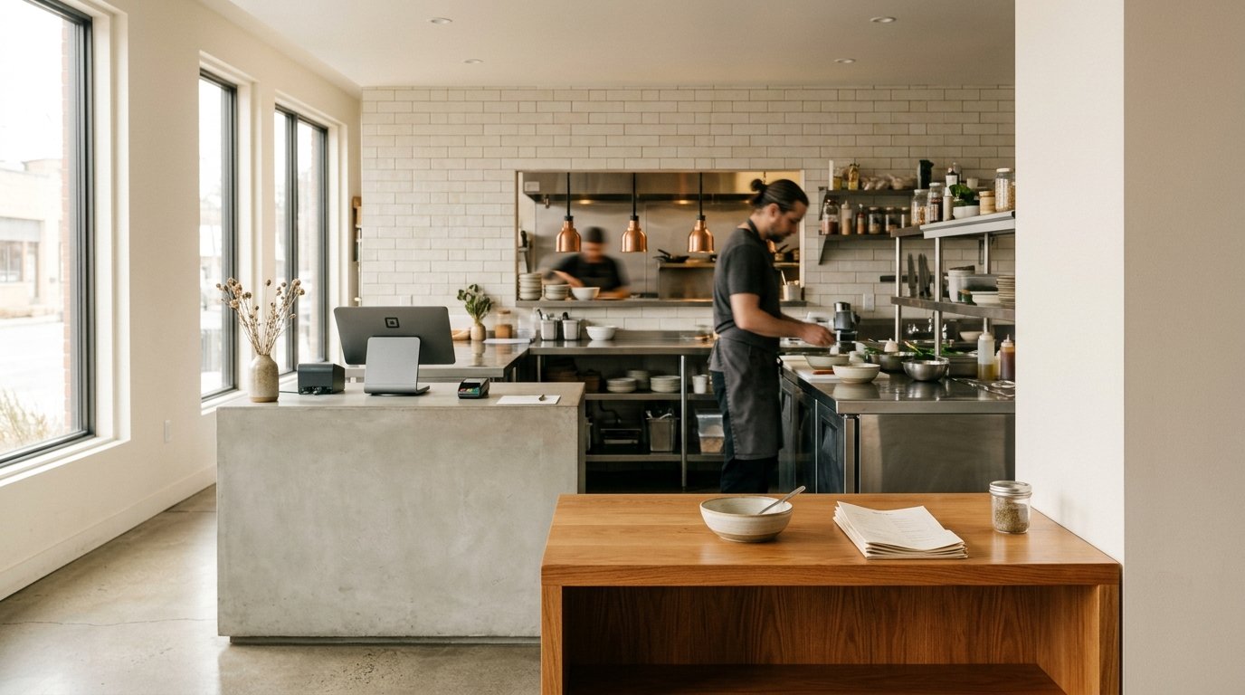 AI-generated editorial image: Modern restaurant order counter and stainless steel prep area in natural morning daylight