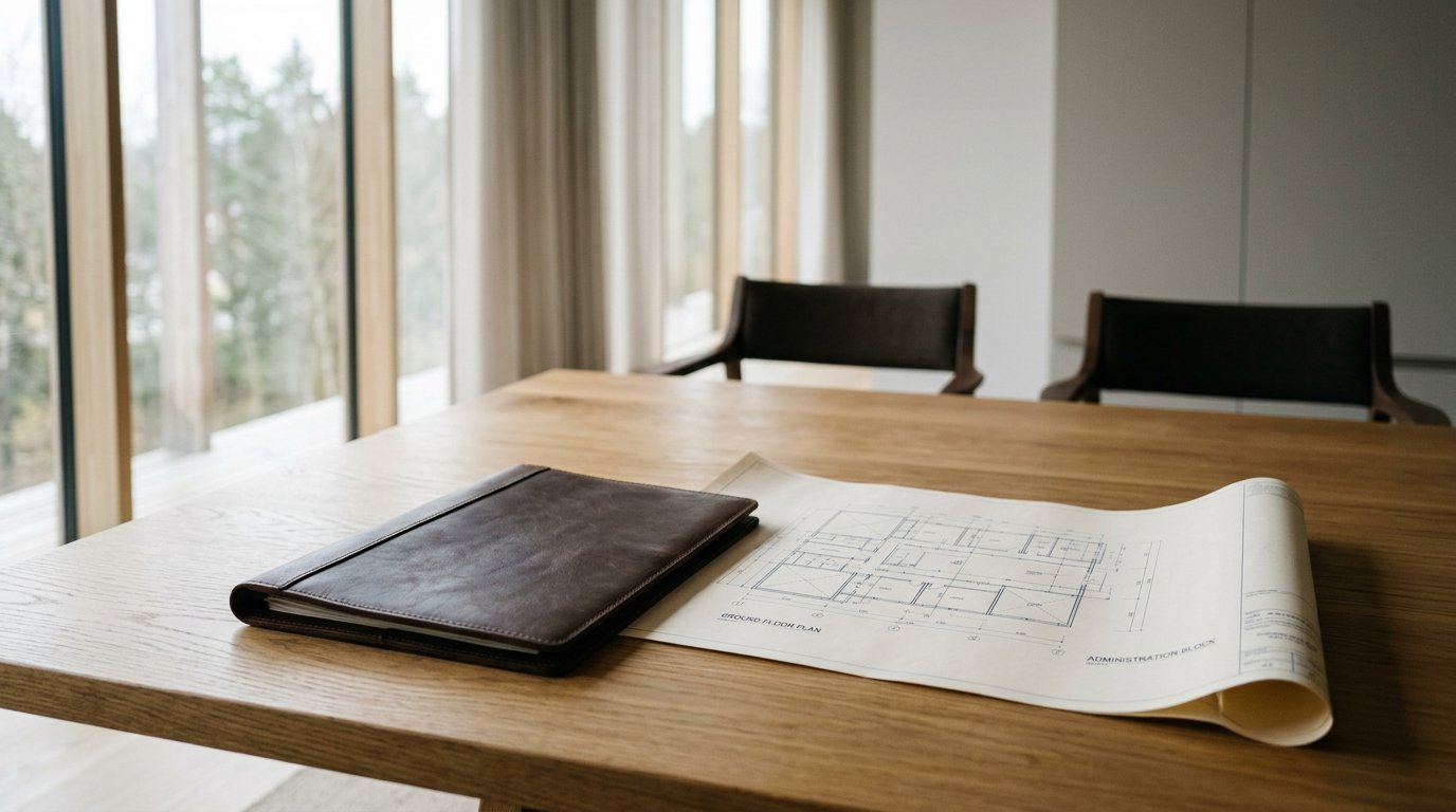 AI-generated editorial image: Modern corporate conference table with folder in natural morning daylight