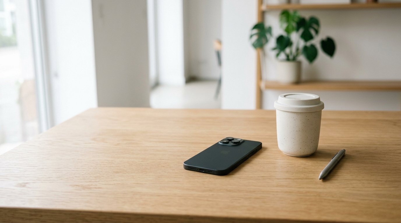 AI-generated editorial image: Minimalist modern creator workspace with smartphone and coffee cup representing social media subscription tools
