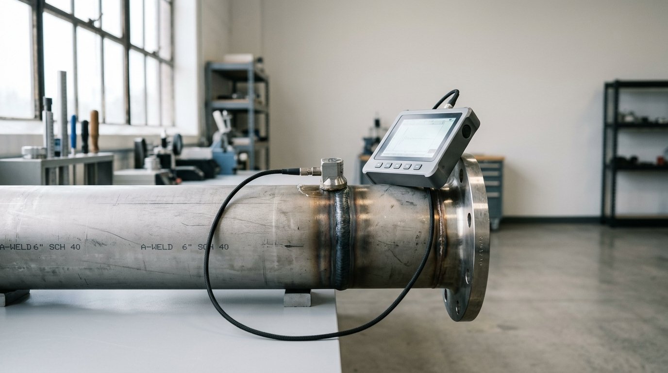 AI-generated editorial image: An industrial quality assurance inspection setup with non-destructive testing tools on an engineered steel joint in soft natural light.