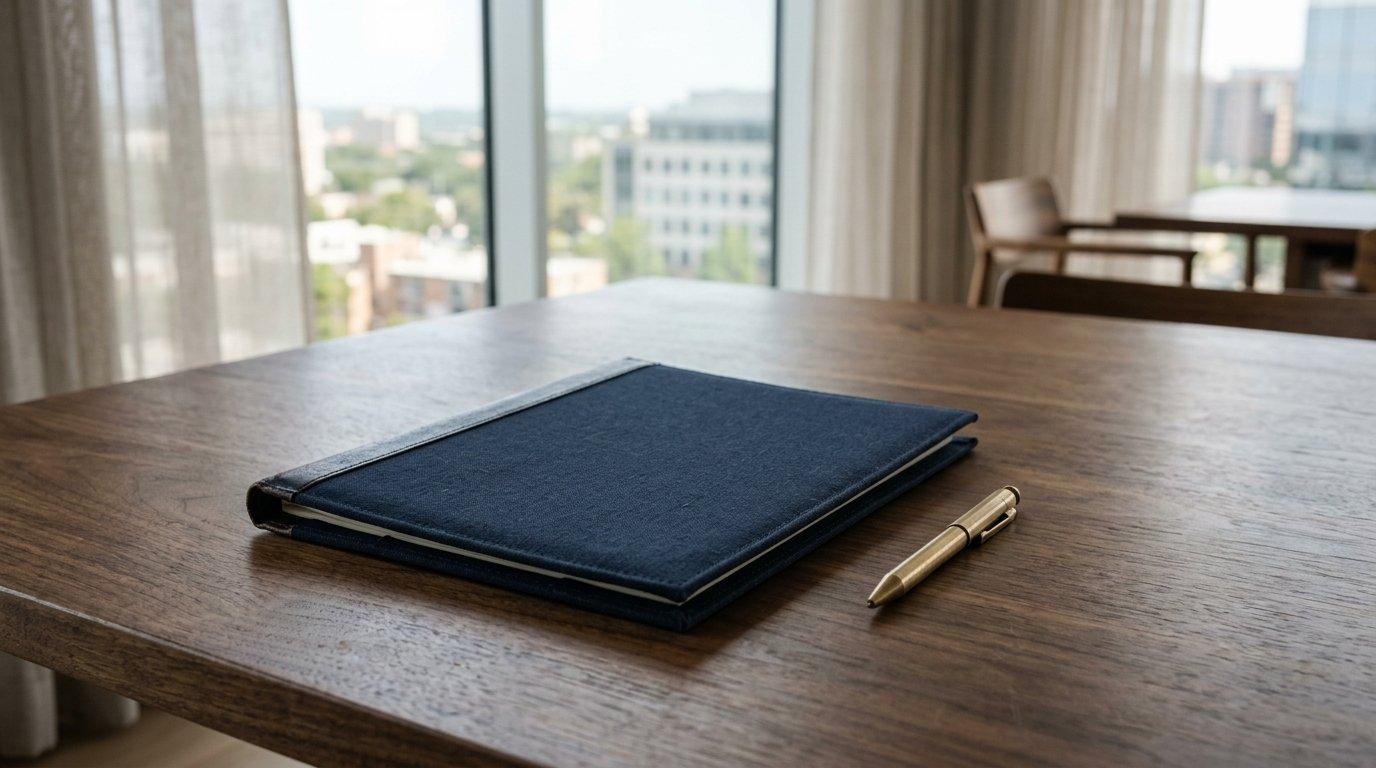 AI-generated editorial image: A closed dark navy linen document folio and brass pen on a walnut conference table in soft morning light, representing institutional private credit governance.