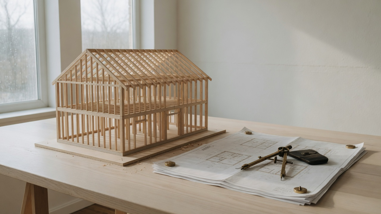 AI-generated editorial image: An architectural model of a residential timber home frame on a clean wooden design table with blueprints and a brass compass.