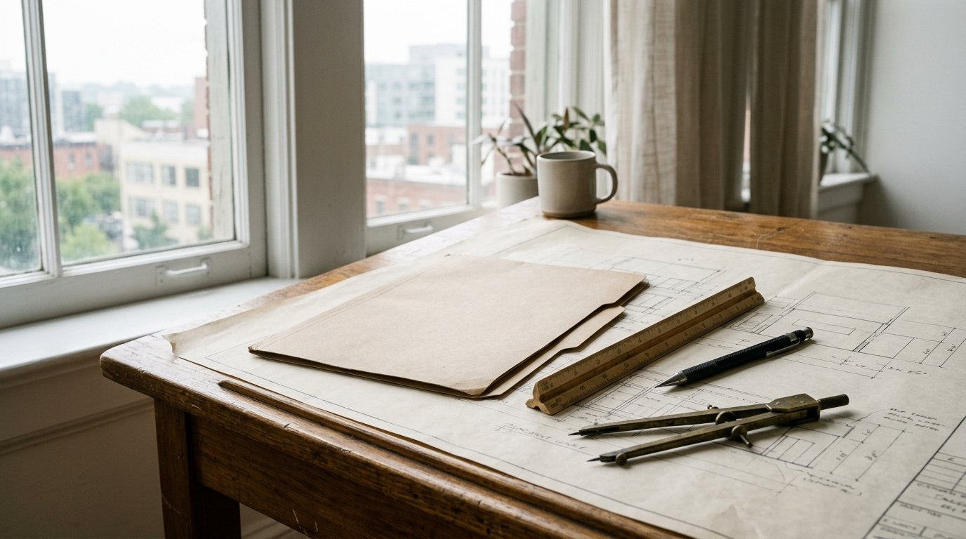 AI-generated editorial image: An architectural blueprints drafting table with a neat loan contract folder, wooden ruler, and brass compass beside a sunlit window.