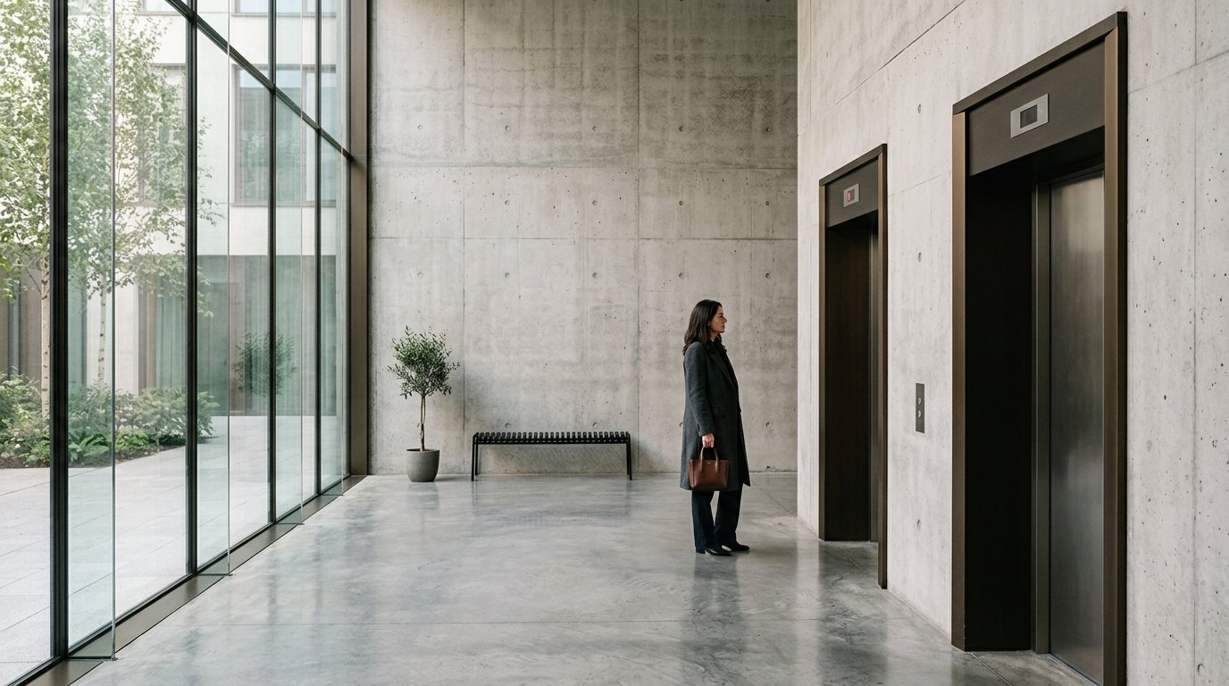 AI-generated editorial image: contemporary commercial building elevator vestibule and modern architectural concrete lobby