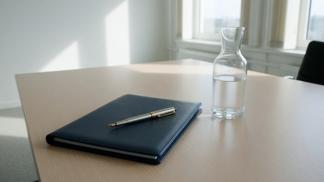 AI-generated editorial image: An executive conference table with an unmarked leather document folder, fountain pen, and clear water carafe beside a sunlit window.