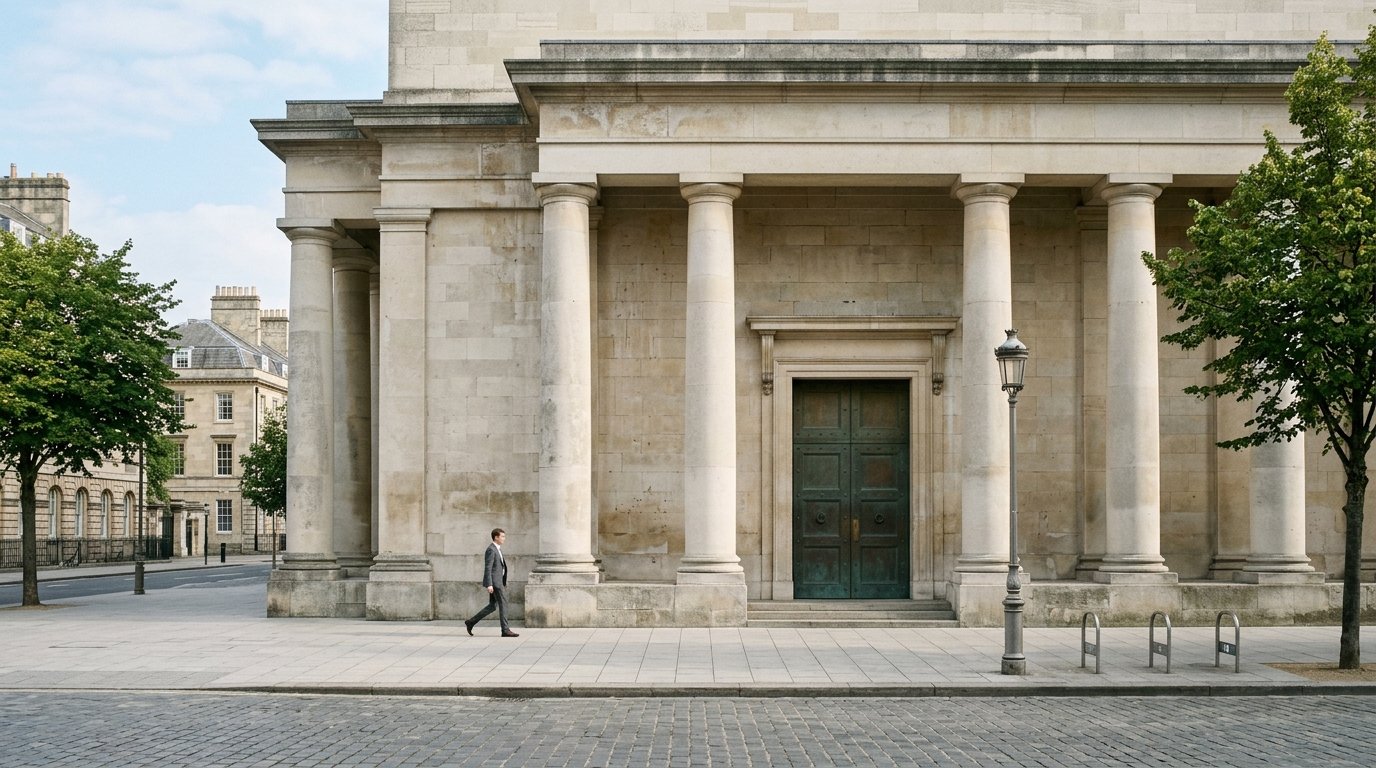 AI-generated editorial image: Neoclassical limestone central bank exterior facade with classic architectural pillars and bronze doorway