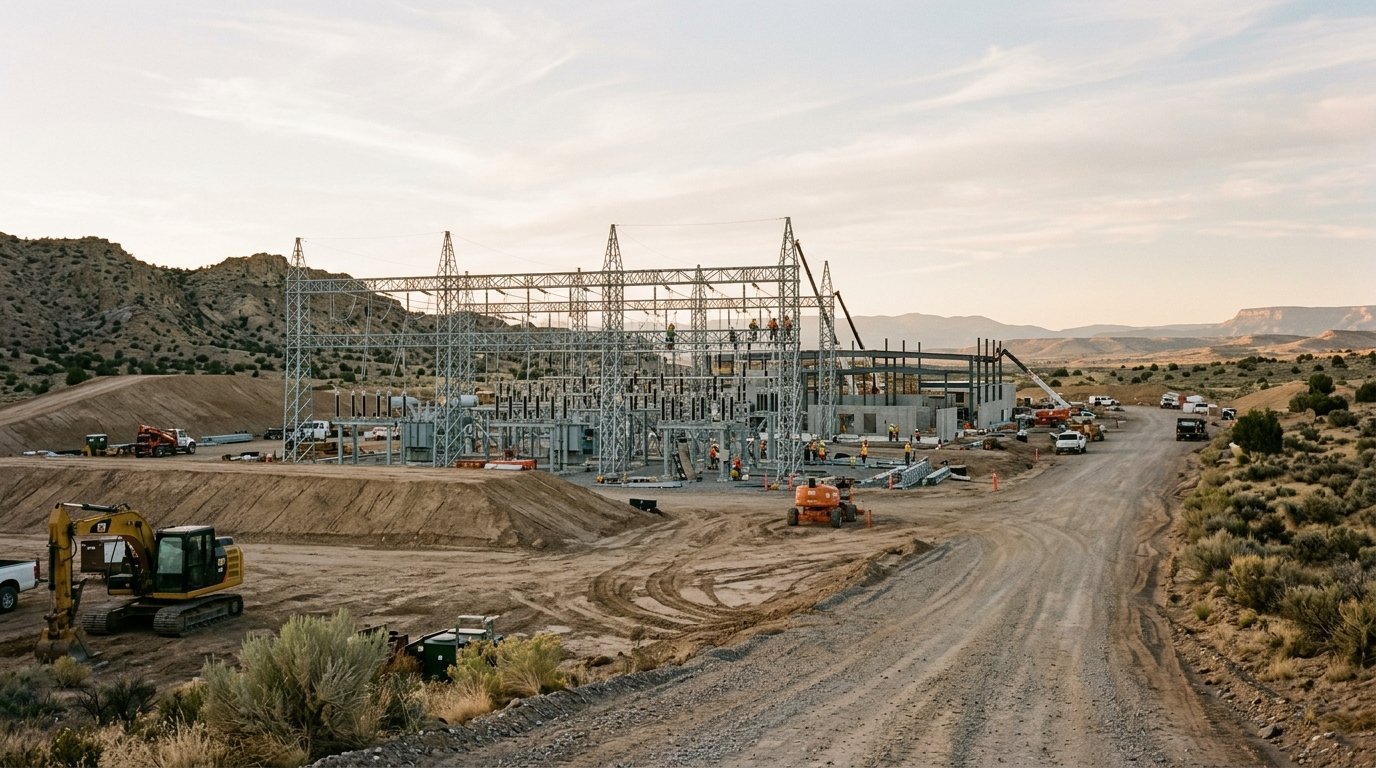 AI-generated editorial image: High-desert data center infrastructure site under construction in soft natural late-afternoon daylight