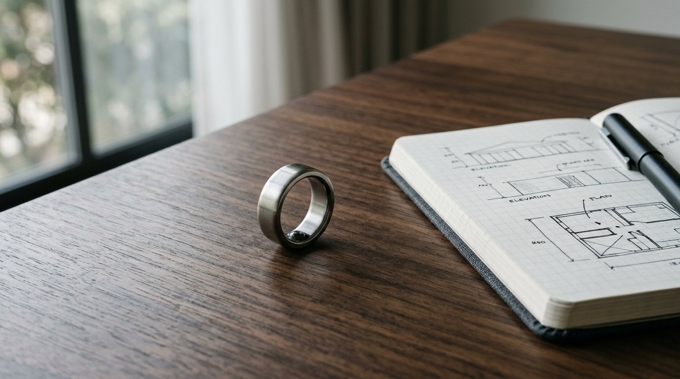 AI-generated editorial image: A sleek metallic health sensor ring on a dark wood surface in soft natural daylight.