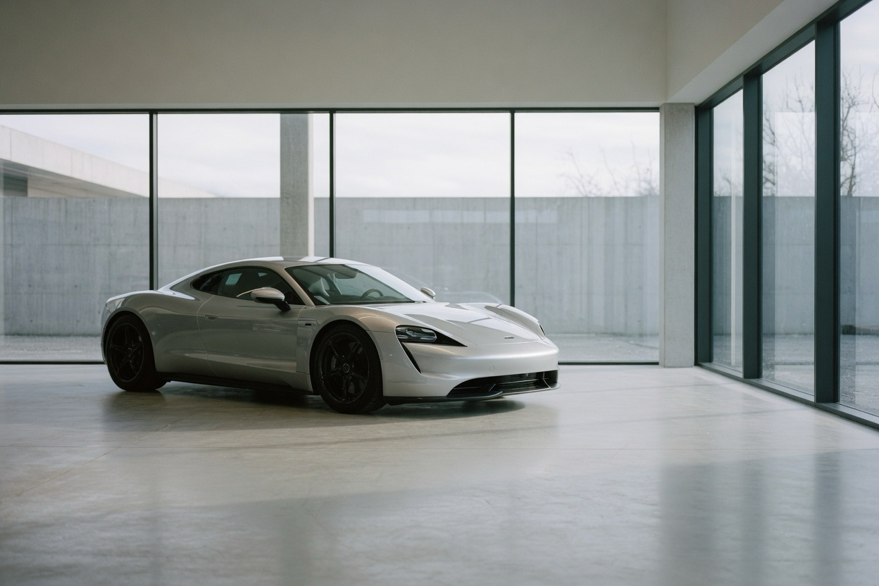 AI-generated editorial image: Sleek sports car in a minimalist modern showroom with natural light