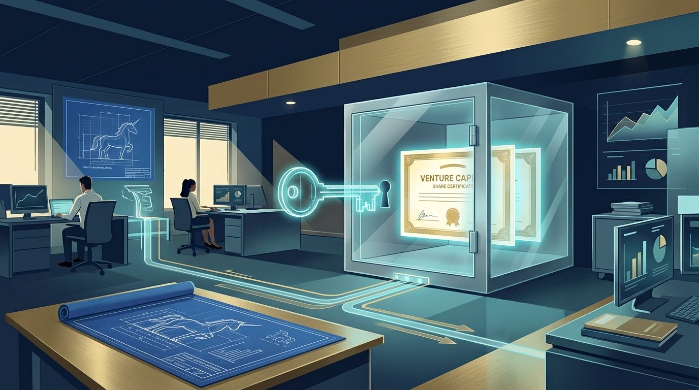 Editorial illustration: Digital key unlocking a transparent vault of venture capital share certificates, symbolizing pre-IPO secondary market liquidity.