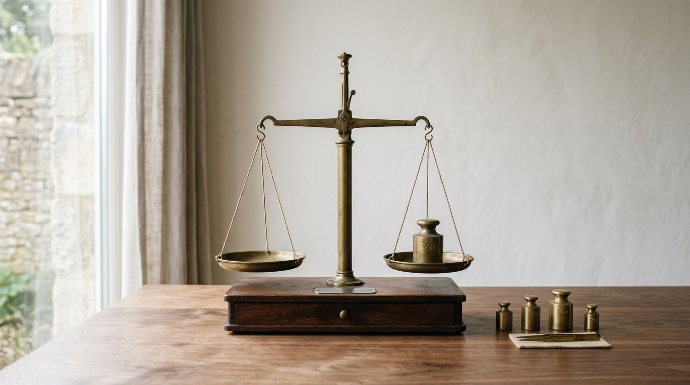 AI-generated editorial image: A vintage brass balance scale with precision cylinder weights resting on a walnut table in soft morning light.