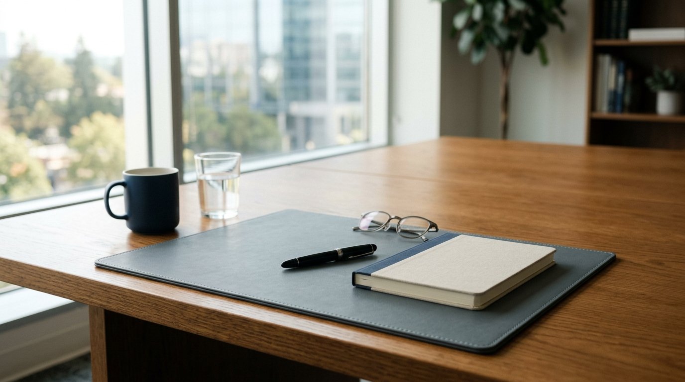 AI-generated editorial image: Contemporary commercial bank lending office desk with leather blotter and pen under natural morning light.