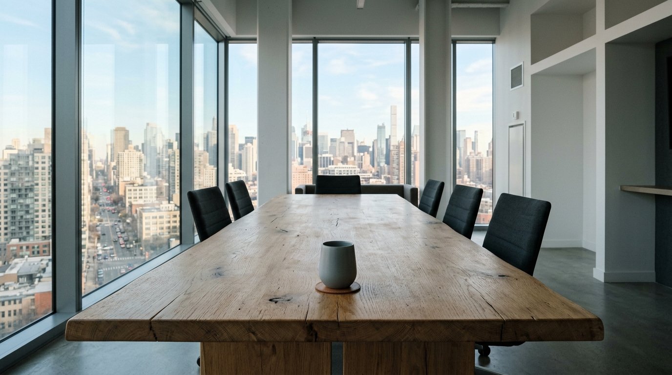 AI-generated editorial image: minimalist modern executive boardroom conference table with natural morning light