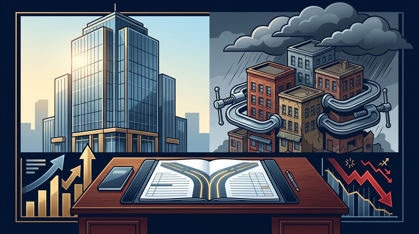 Editorial illustration: A divided financial landscape contrasting resilient corporate towers with distressed middle-market buildings under credit clamps and storm clouds.