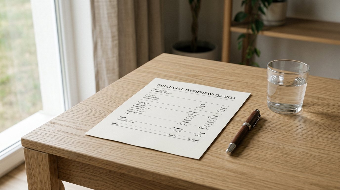 AI-generated editorial image: A quiet wooden desk with an organized tax form and classic pen under soft natural daylight