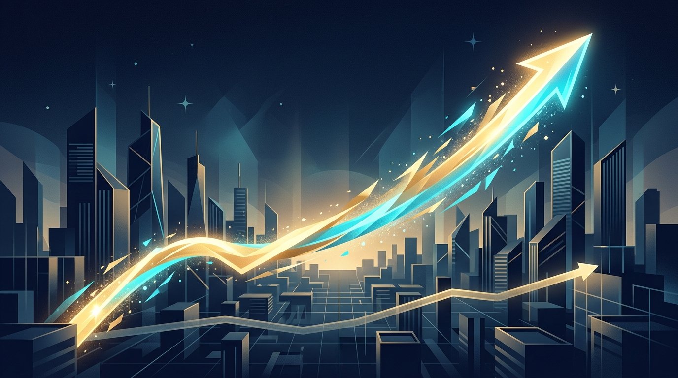 Editorial illustration: Ascending glowing trajectory of relative strength and market leadership outpacing a benchmark financial index across a modern architectural city landscape.