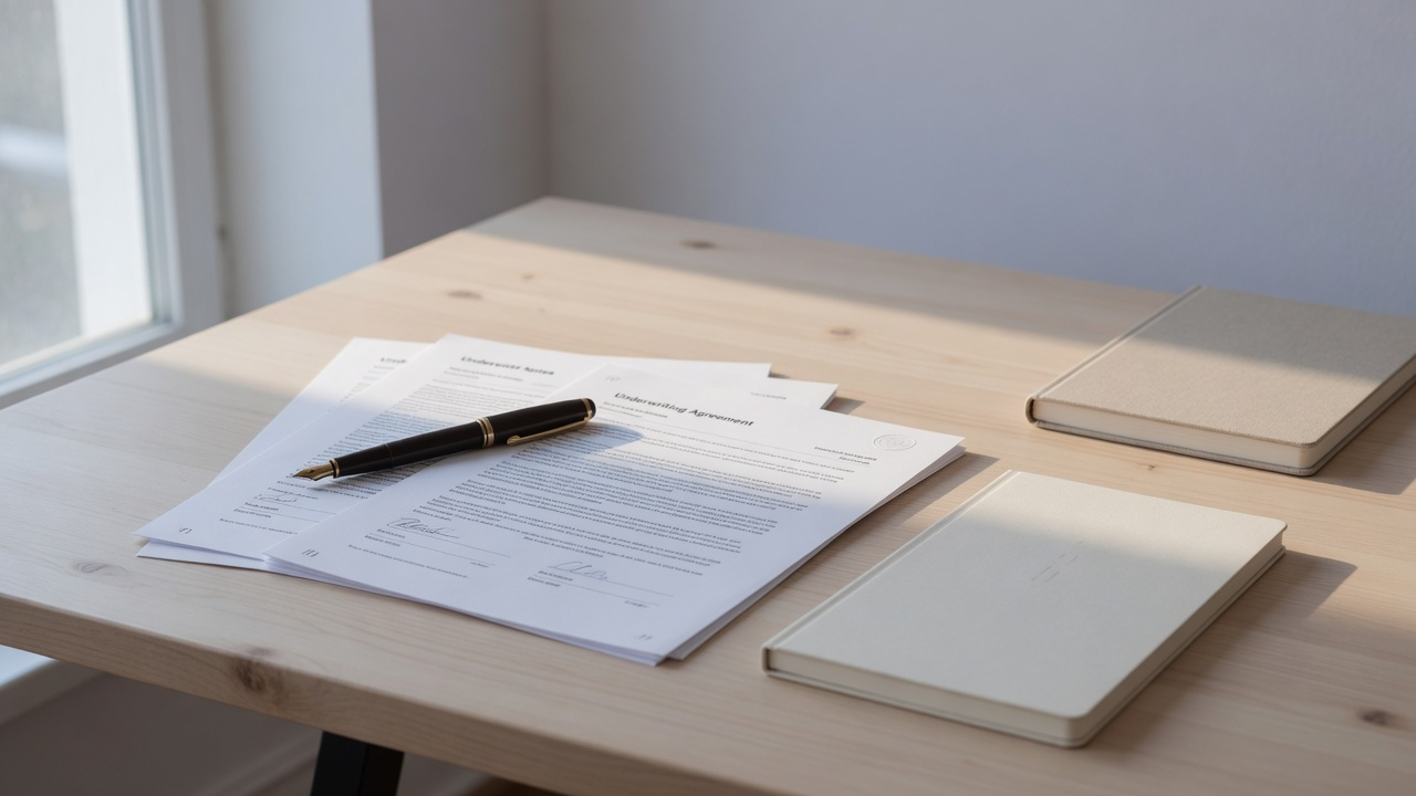 AI-generated editorial image: Institutional credit portfolio ledger and financial documents on wooden table in soft daylight