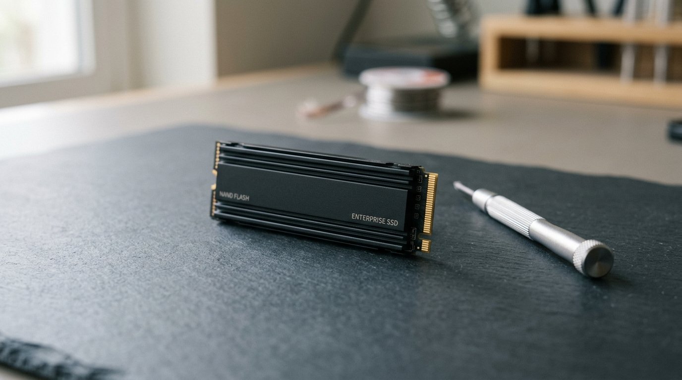 AI-generated editorial image: enterprise NAND flash memory module on slate workbench in natural window light