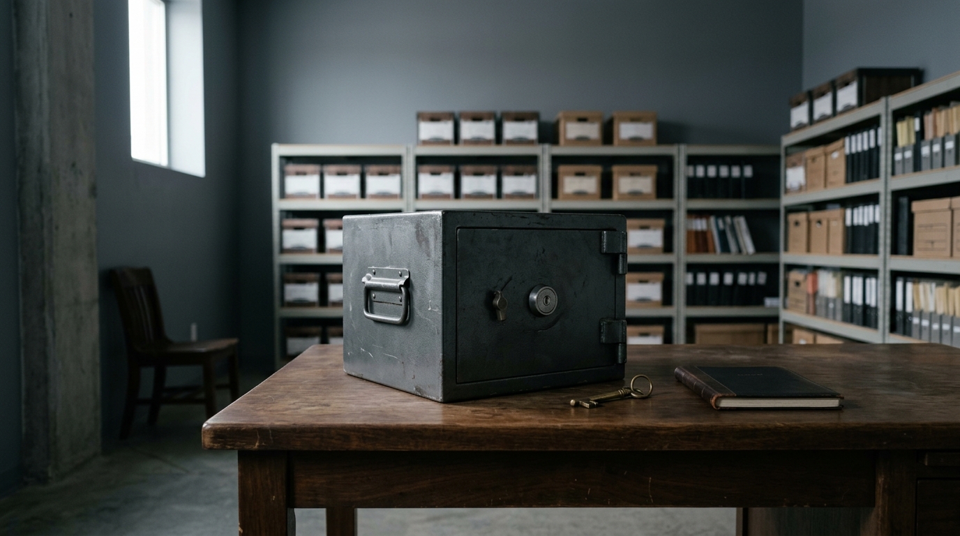 AI-generated editorial image: An institutional custodian vault with a steel deposit box and brass key on a wooden inspection desk