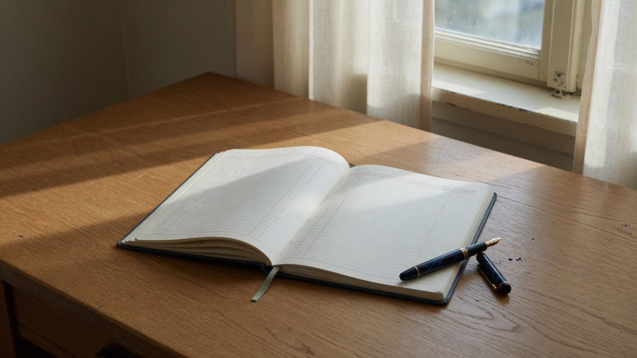 AI-generated editorial image: A minimalist savings ledger and fountain pen on an oak desk illuminated by soft natural morning daylight.