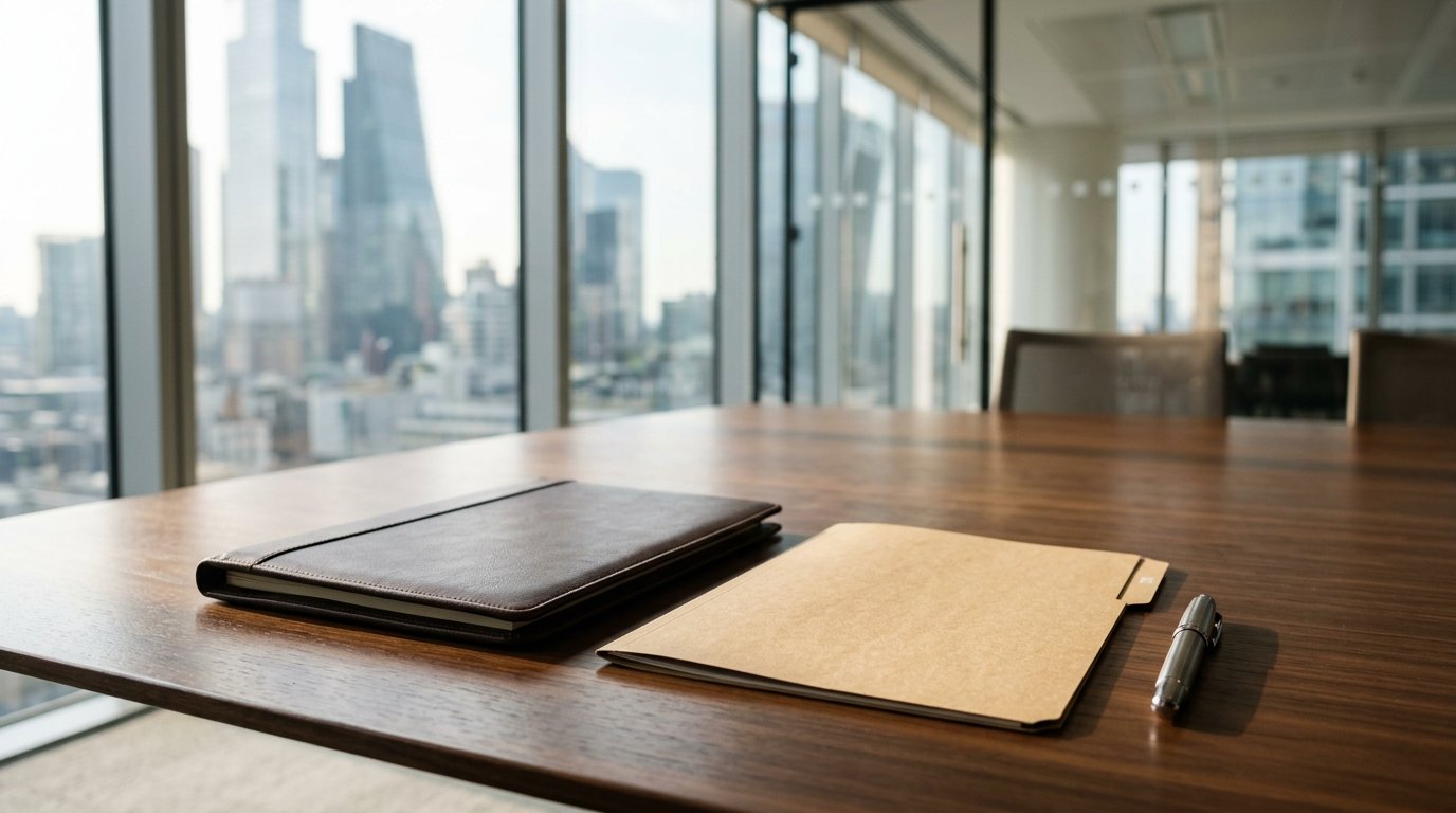 AI-generated editorial image: An executive finance desk with legal documents and a pen in soft morning light