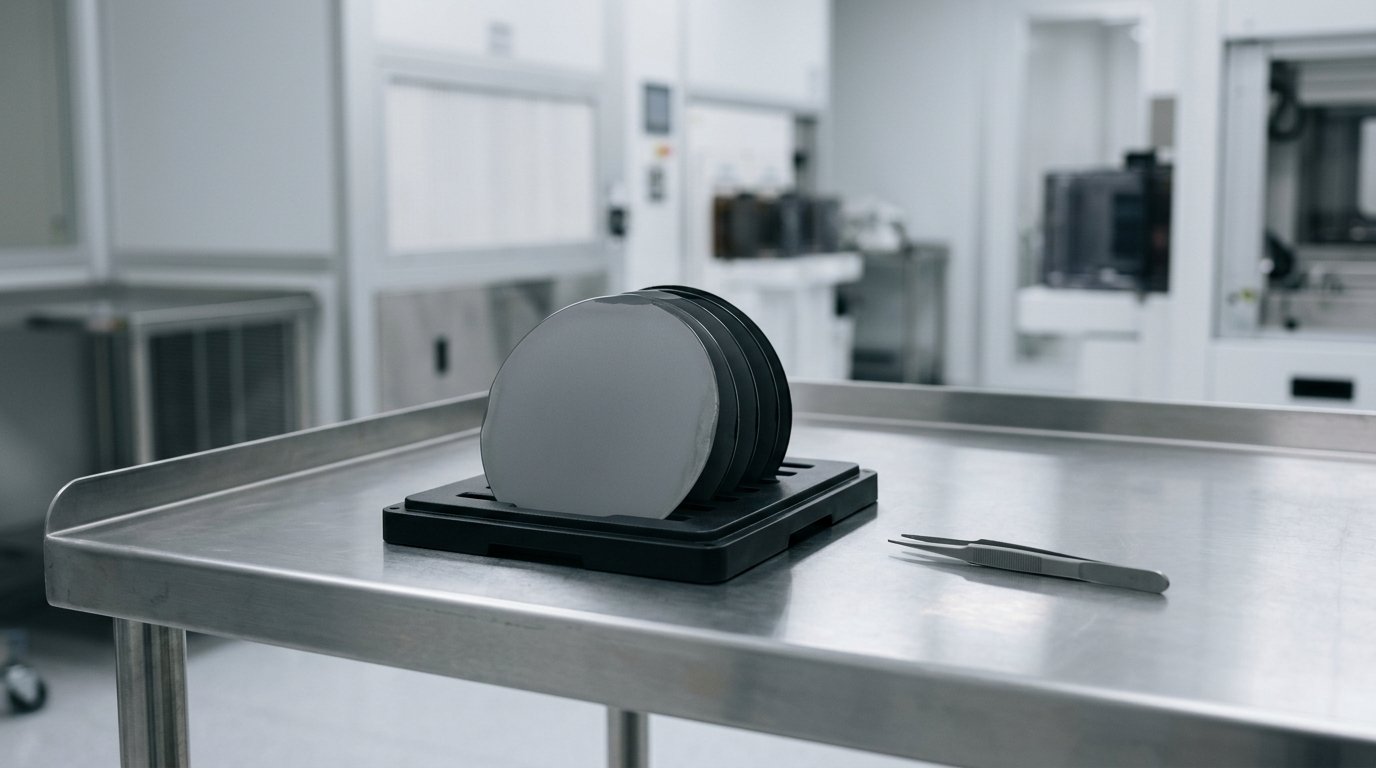 AI-generated editorial image: Semiconductor cleanroom inspection table with a silicon wafer carrier tray and precision tools under diffused daylight.