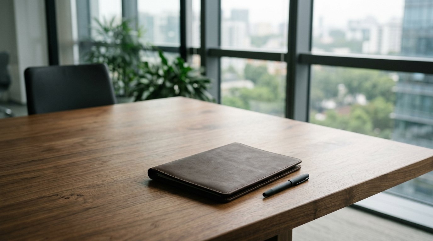 AI-generated editorial image: walnut conference table with closed leather document folder in quiet natural light