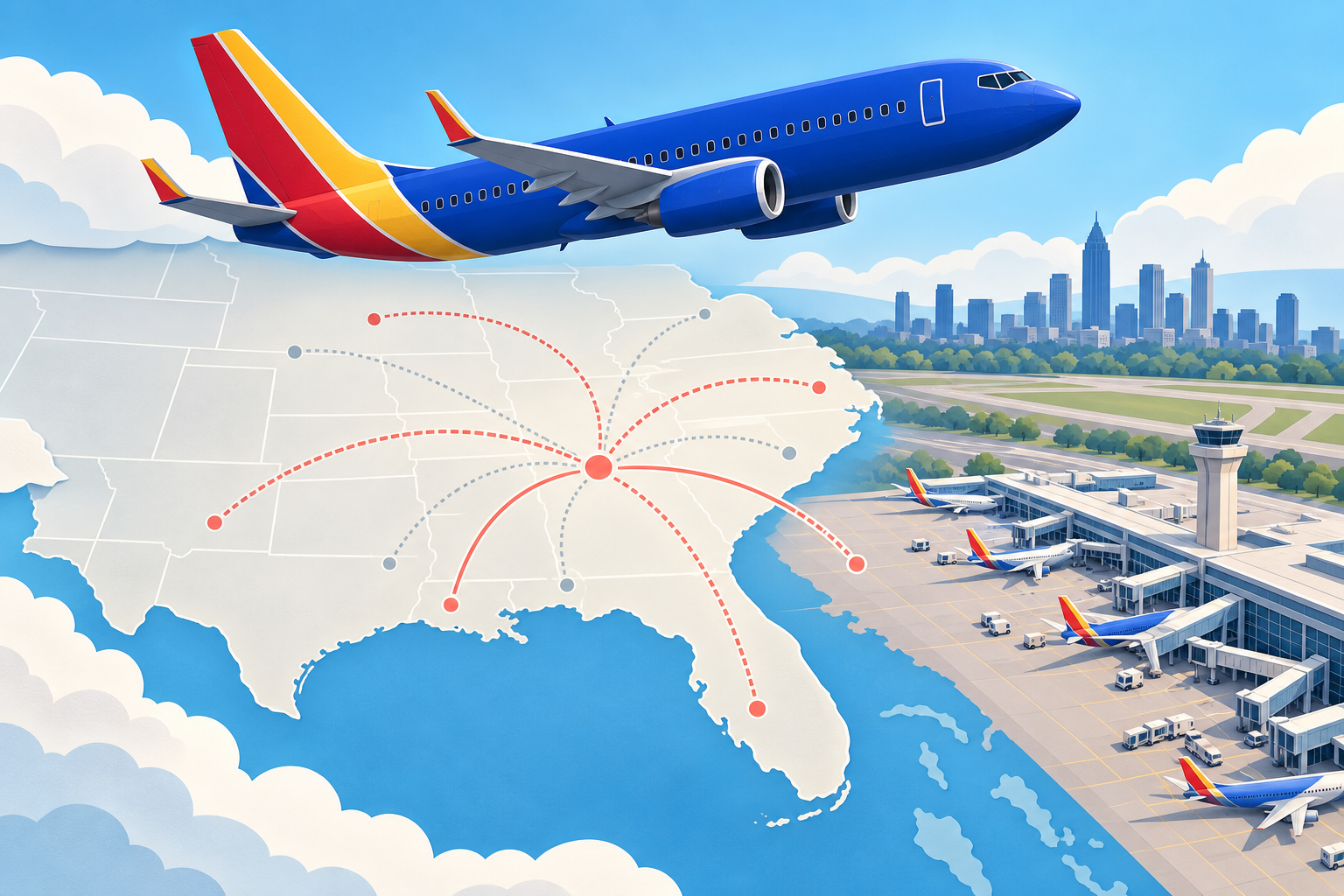 Editorial illustration: a passenger jet and airport with abstract route connections representing an airline network reset.