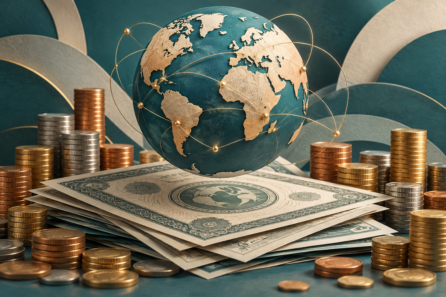 Editorial illustration: a globe, bond certificates and coin stacks representing sovereign borrowing.