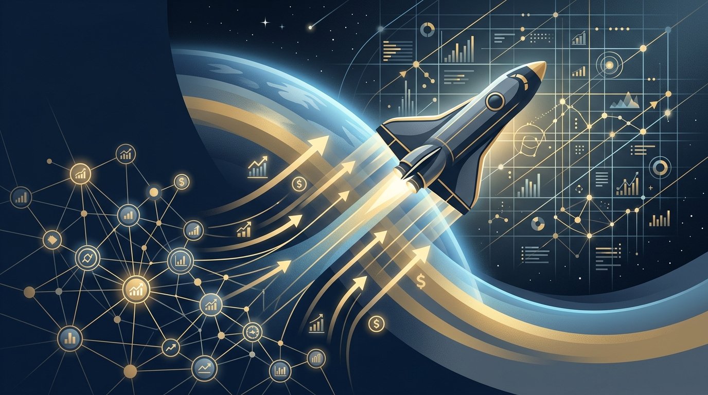 Editorial illustration: SpaceX rocket ascending through financial index nodes and capital market inflow vectors