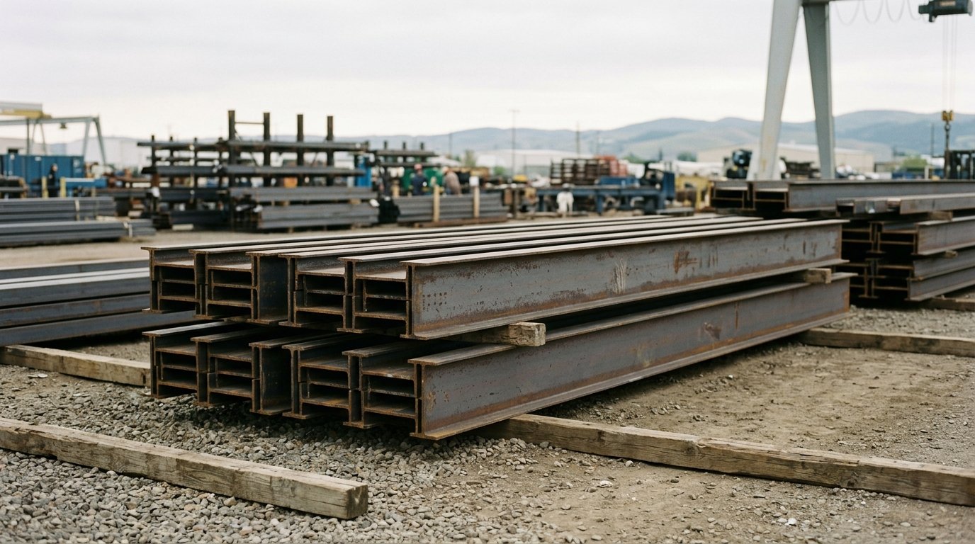 AI-generated editorial image: Structural steel beams stacked neatly in an industrial fabrication yard in soft morning daylight.