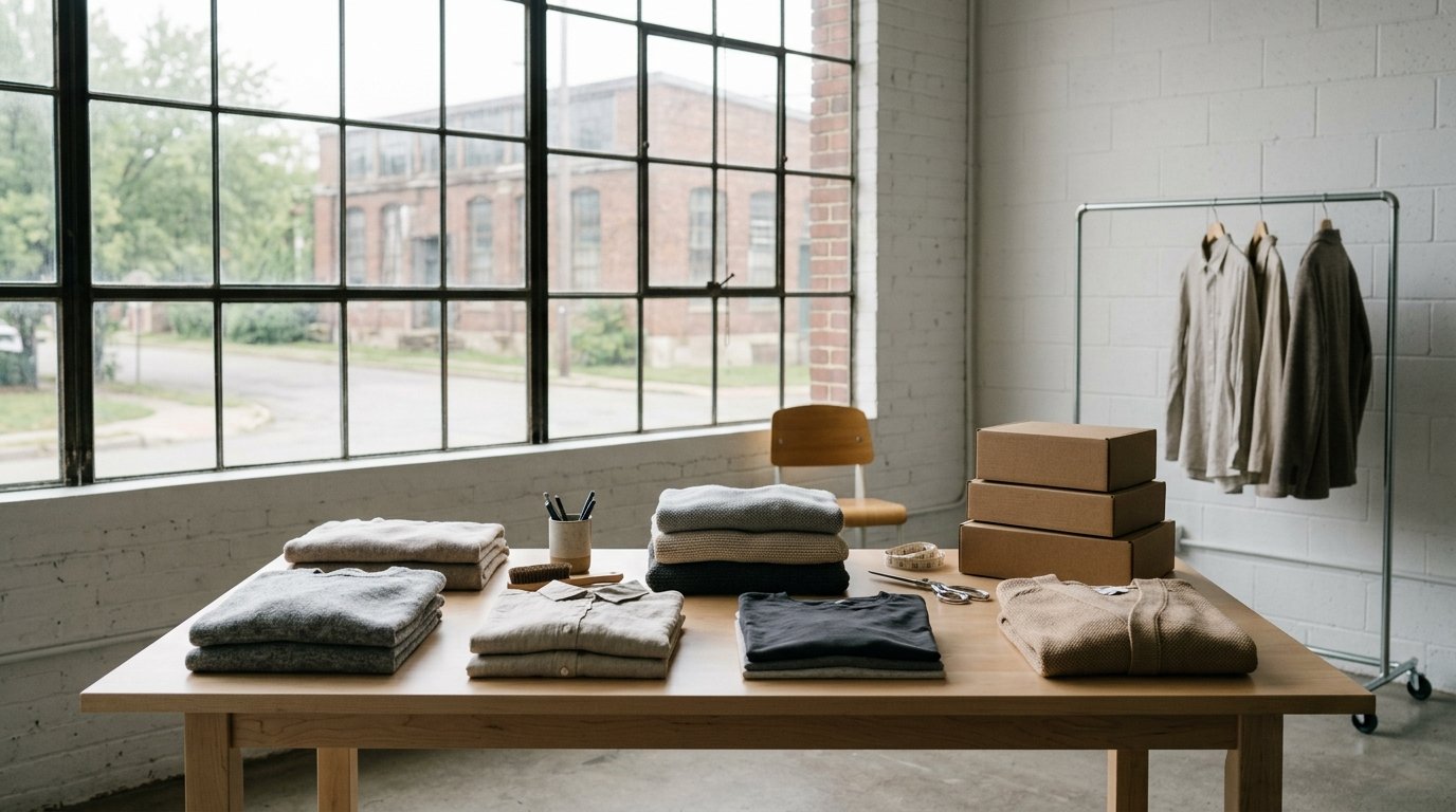 AI-generated editorial image: An apparel styling workspace with neatly folded fabrics on an oak table in natural morning light