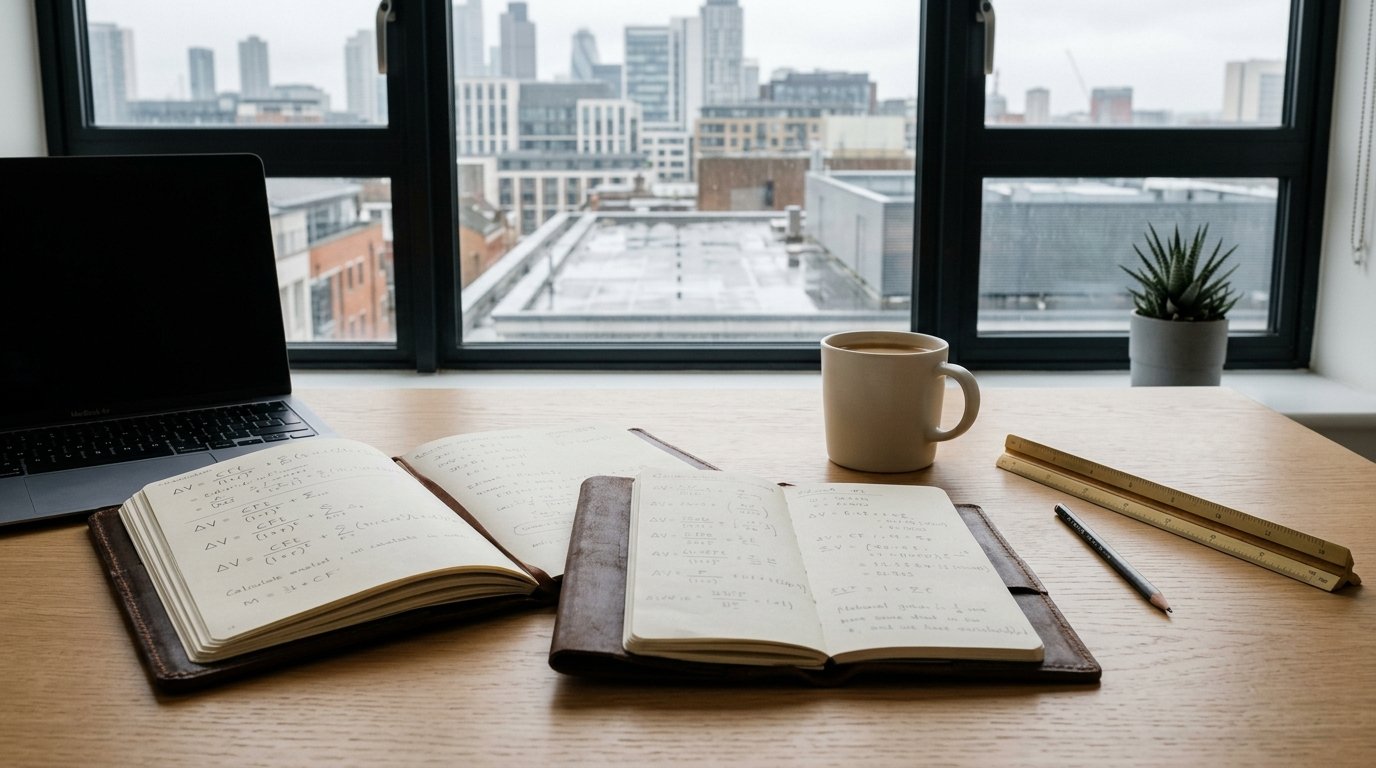 AI-generated editorial image: Modern analyst workspace with notebooks and drafting tools
