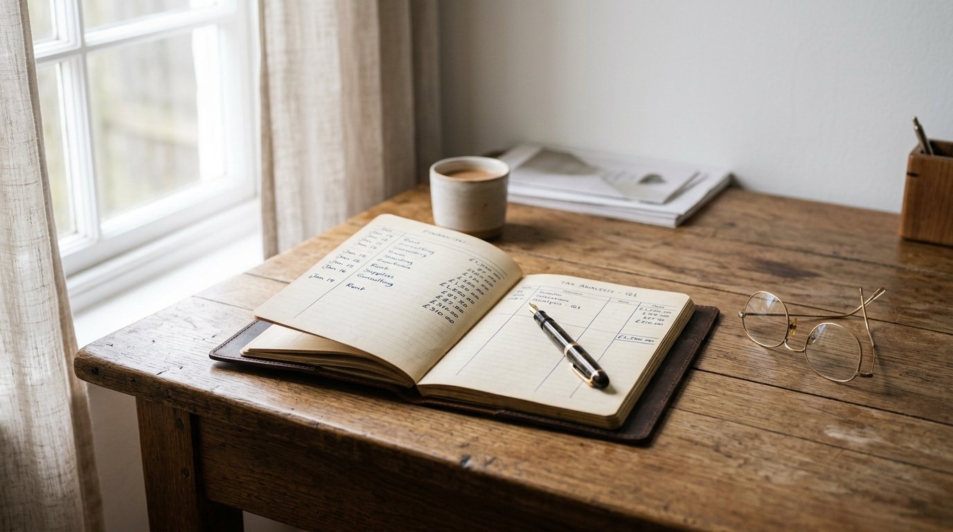 AI-generated editorial image: A fountain pen, reading glasses, and financial tax ledger on a wooden desk in morning daylight