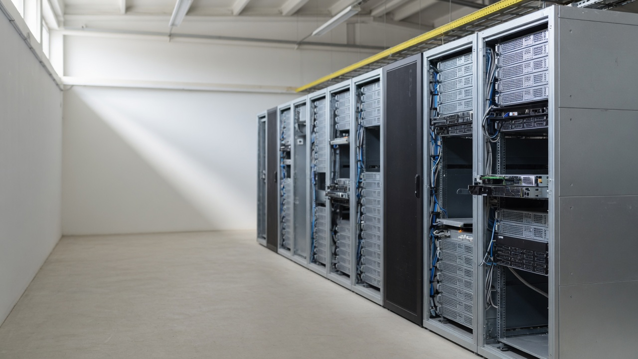 AI-generated editorial image: Enterprise server racks and modular hardware in an IT distribution facility