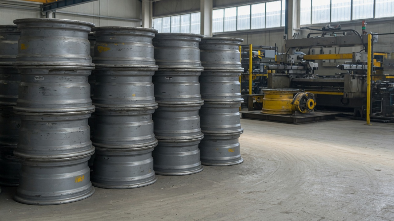AI-generated editorial image: An industrial manufacturing facility assembling heavy agricultural and off-highway steel wheels.