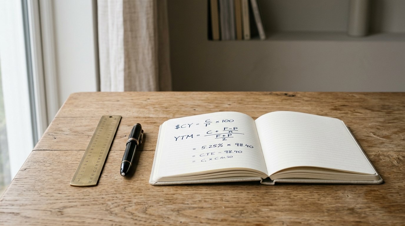 AI-generated editorial image: A financial notebook, brass desk tools, and fountain pen on a wooden desk in soft daylight