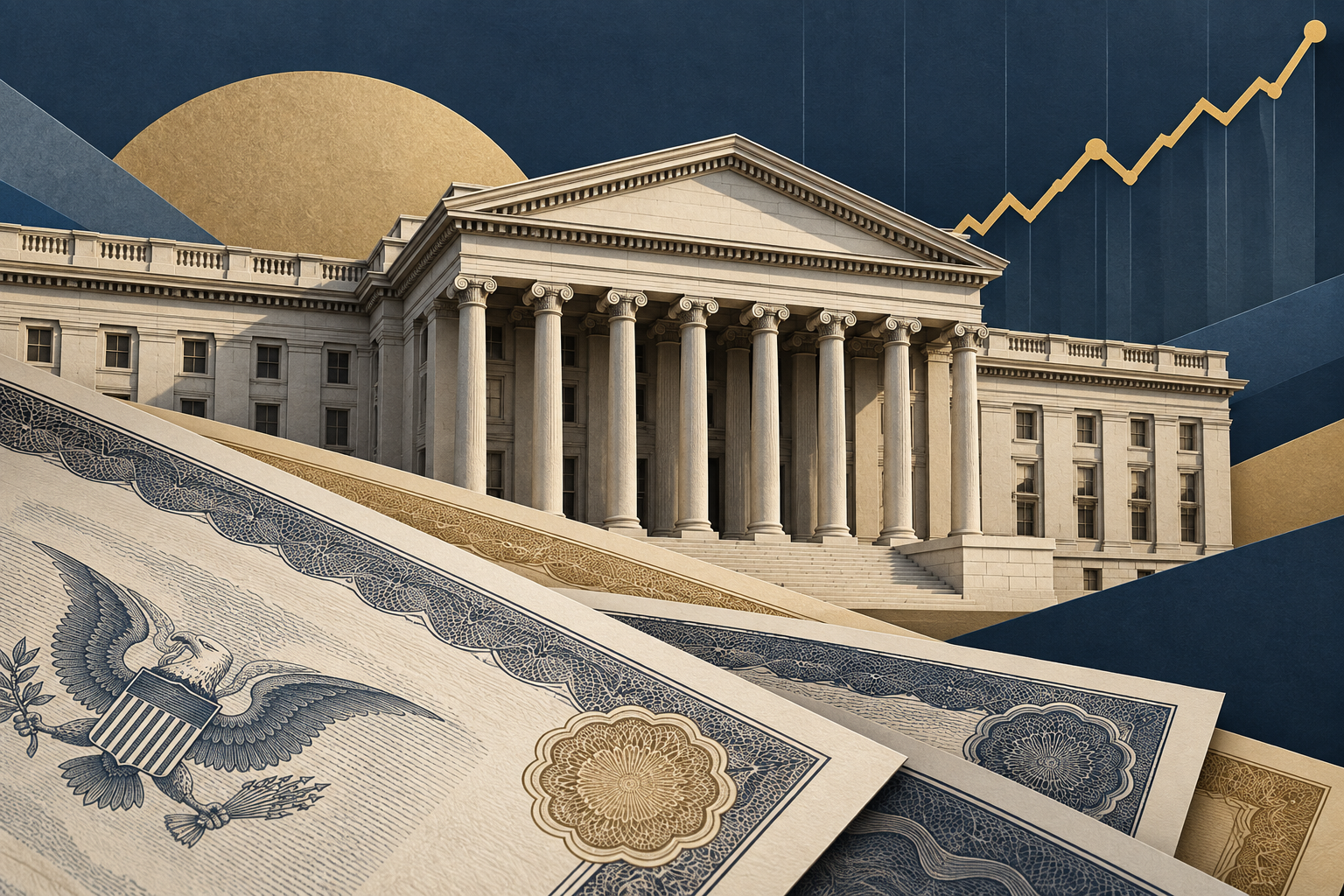 Editorial illustration: US Treasury architecture with bond certificates and an abstract yield line.