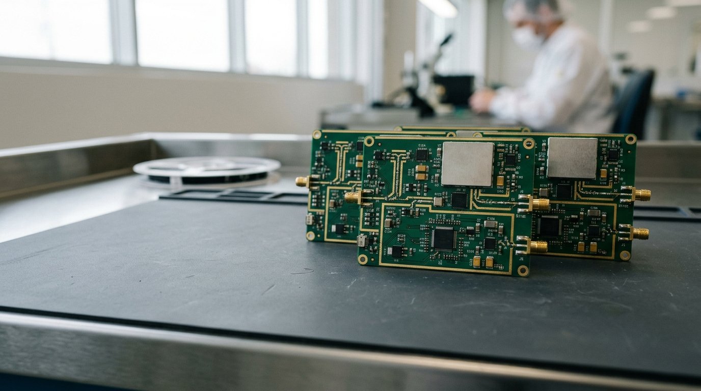 AI-generated editorial image: Precision printed circuit boards on an anti-static workstation mat in natural cleanroom light