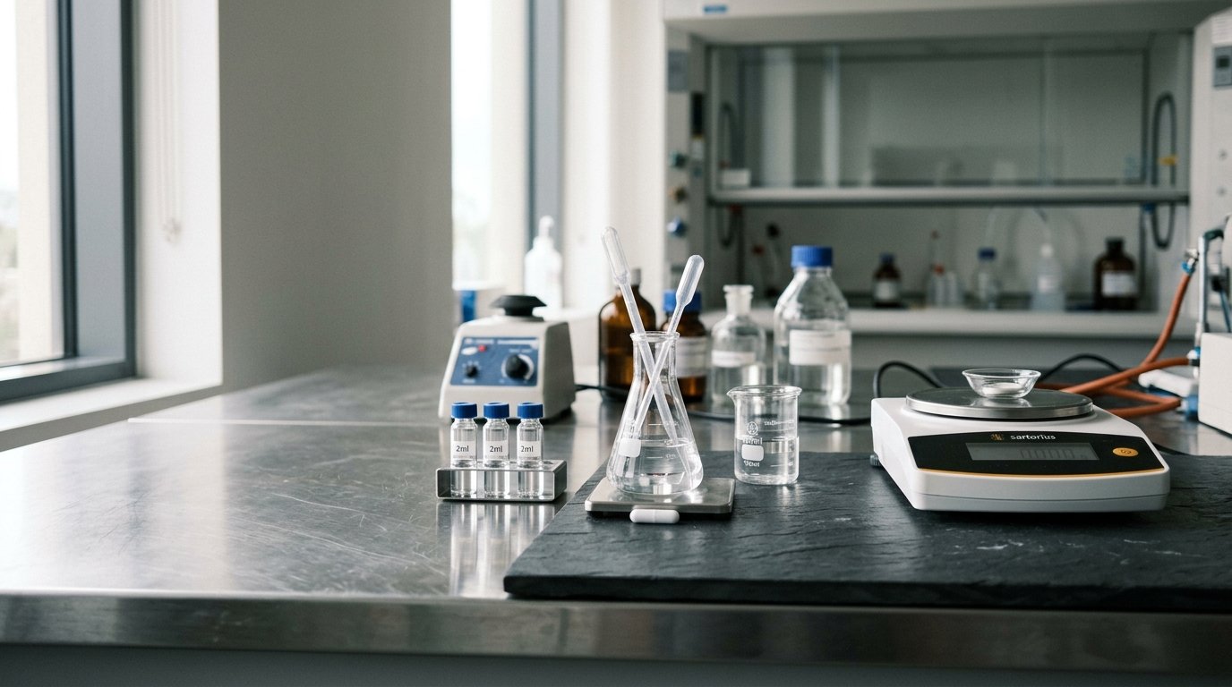 AI-generated editorial image: Pharmaceutical research laboratory workstation with testing vials and analytical equipment under natural daylight.